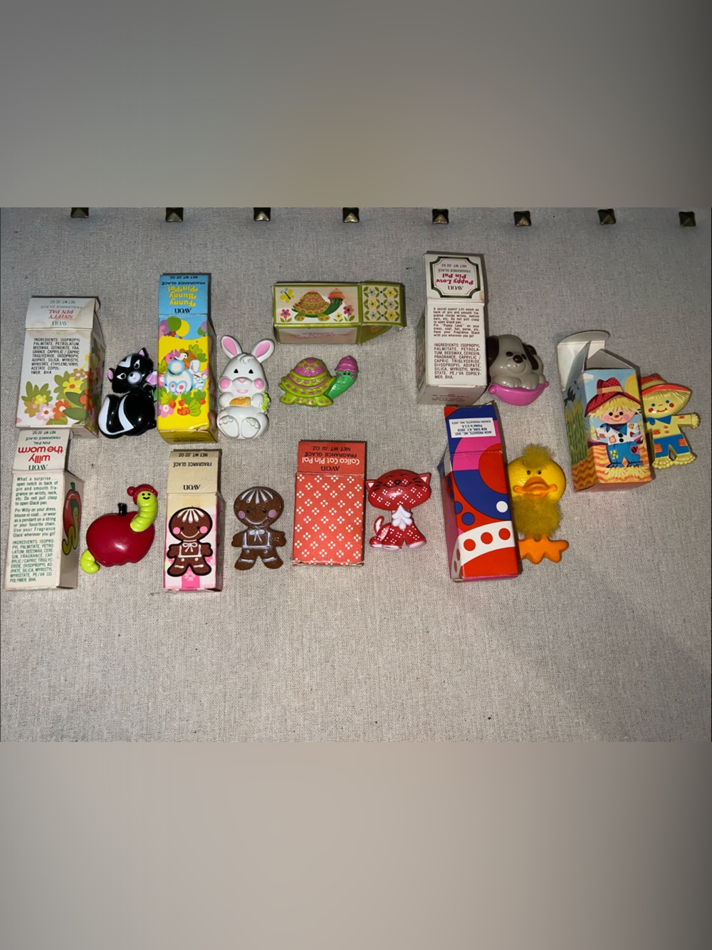 Vintage 70s Avon Pin Pals Lot of 9 Complete w/ Boxes Unused Perfume Glace